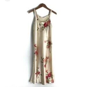 Oscar de la Renta VTG Silky Roses Full Length Nightgown Mesh Back L